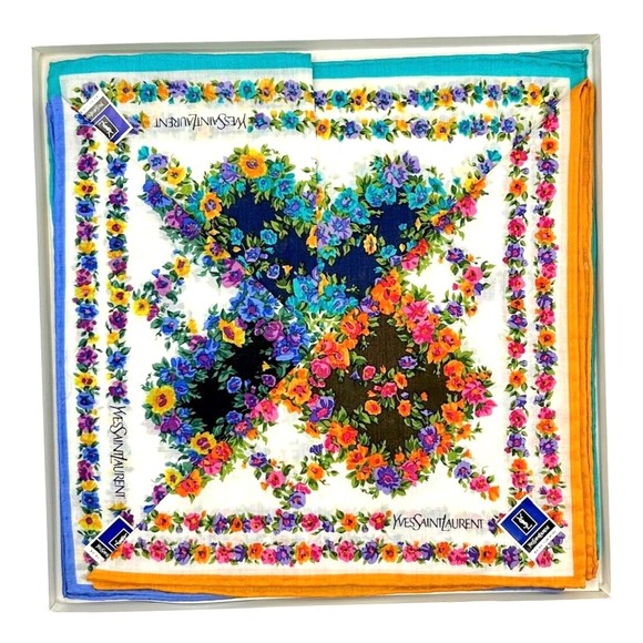 NIB Vintage Yves Saint Laurent YSL Floral Handkerchiefs 3pc Set - Picture 1 of 8